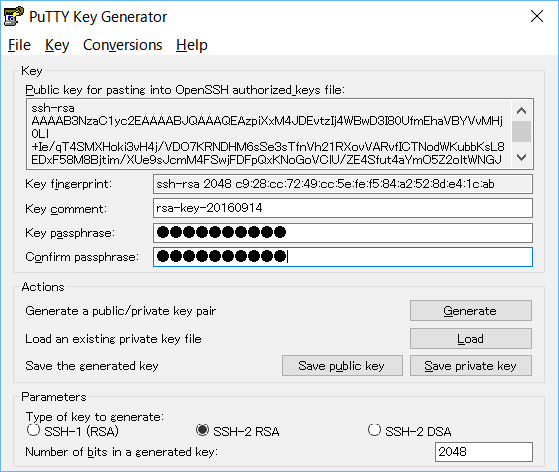 PuTTYgen のキーが読み込まれた場合の画像